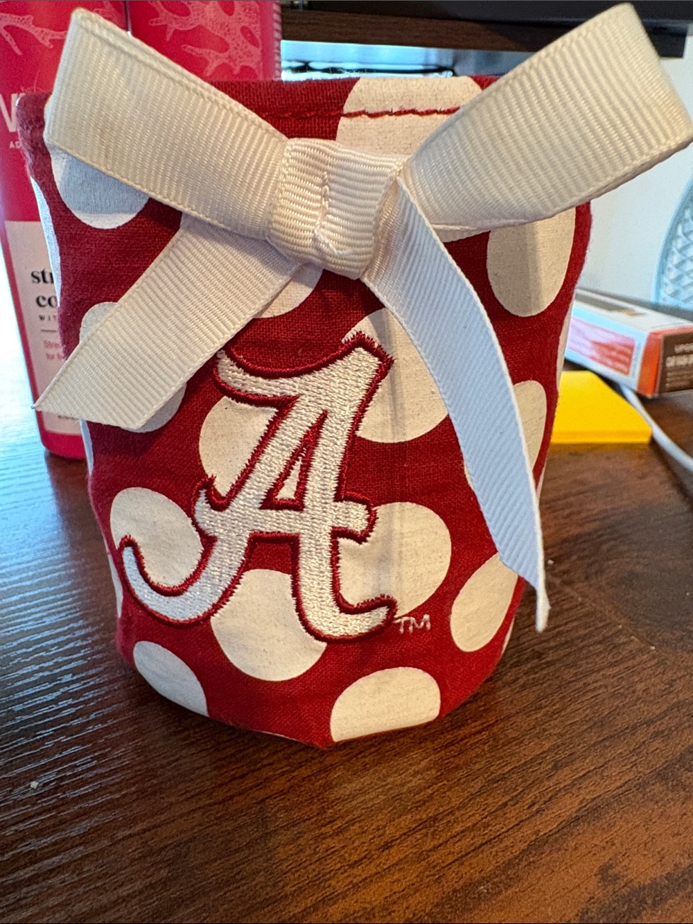 Alabama University Crimson Polka Dot Can Koozie with White Bow